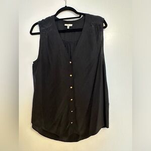 Black silk button down tank with back pleat and gold buttons
